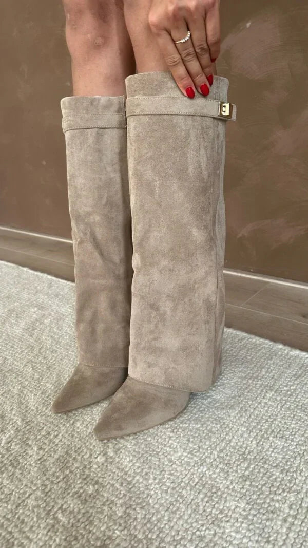 Women's knee-high pointed toe boots with high heel and buckle detail