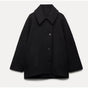 Women's oversized coat with point collar, button front and two welt pockets