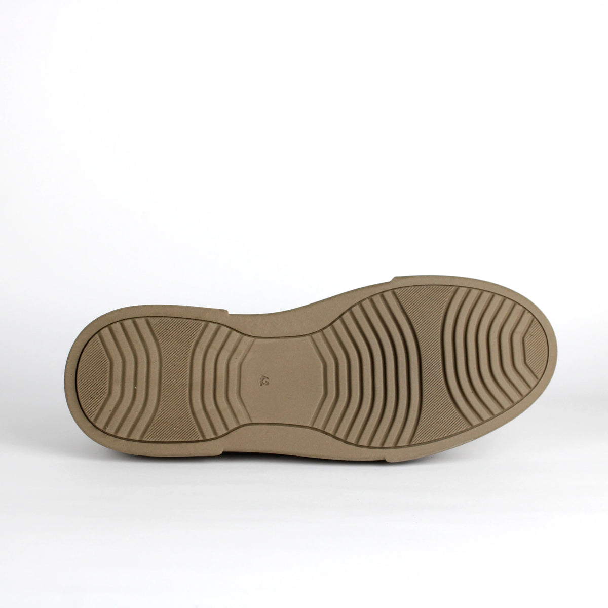 Taupe low-top lace-up sneakers with stitched panels and platform soles