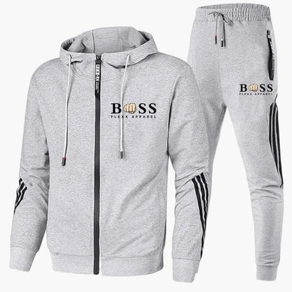 Men's hooded tracksuit set with zip jacket, tapered trousers and contrast stripes