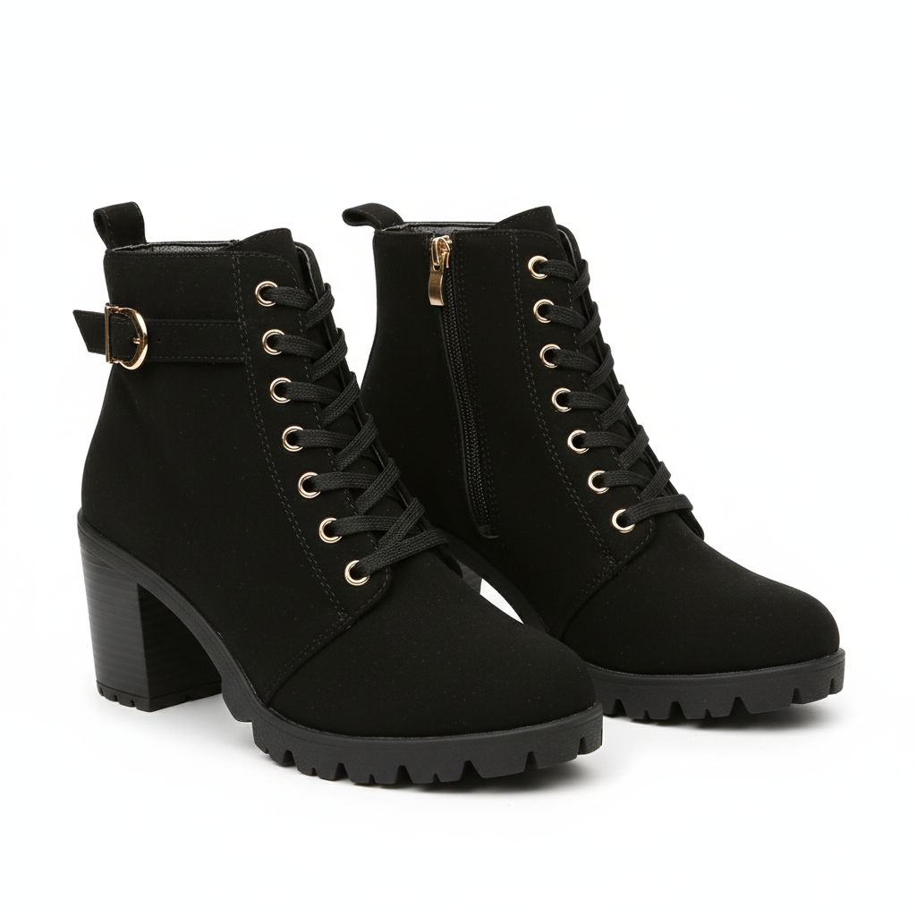 Women's lace-up ankle boots with block heel, buckle and side zipper