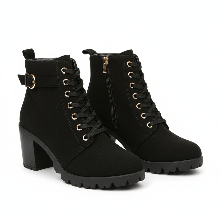 Women's lace-up ankle boots with block heel, buckle and side zipper