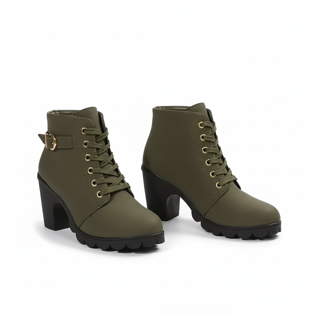 Women's lace-up ankle boots with block heel, buckle and side zipper