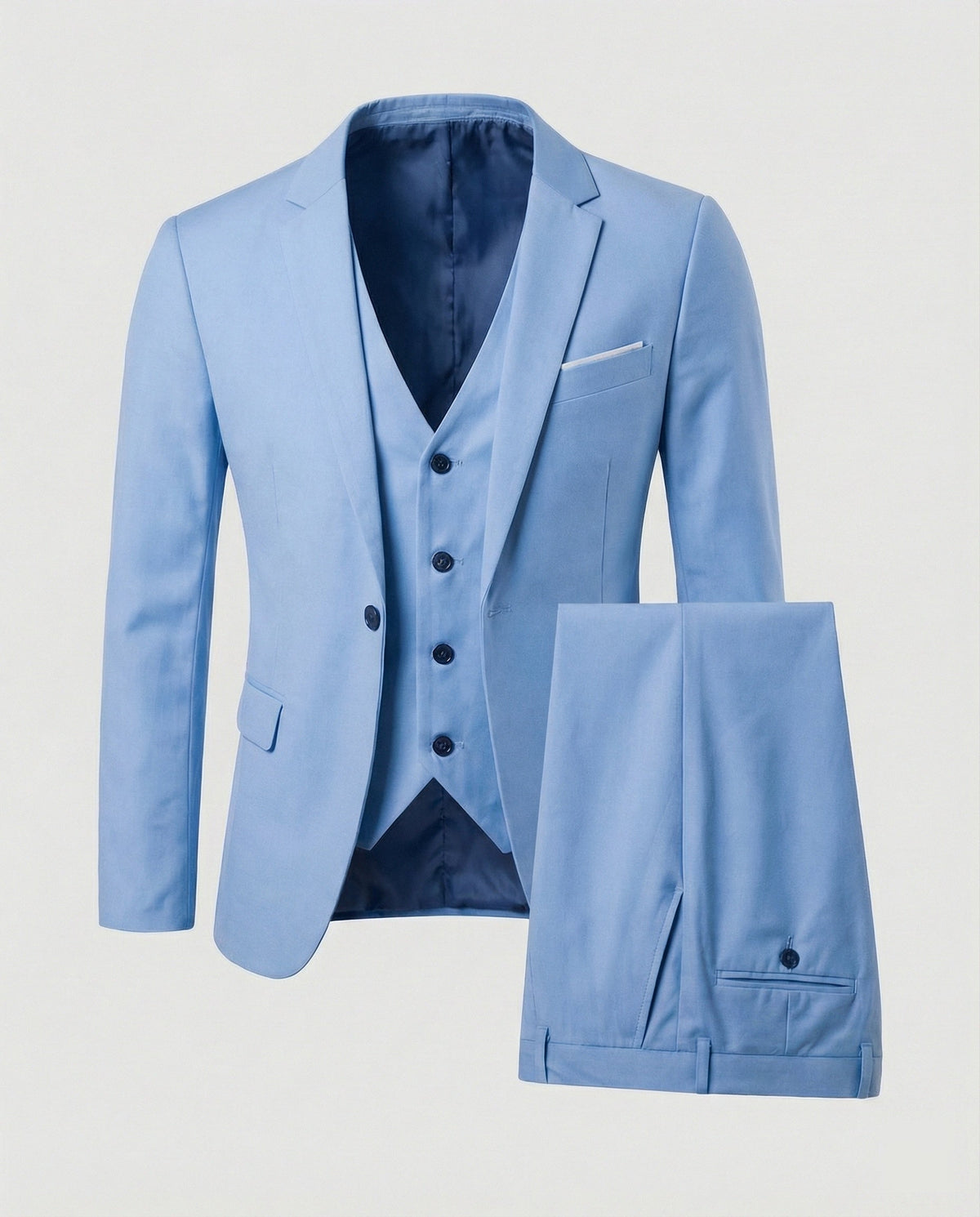 Men's three-piece suit set with notched-lapel jacket, waistcoat and trousers
