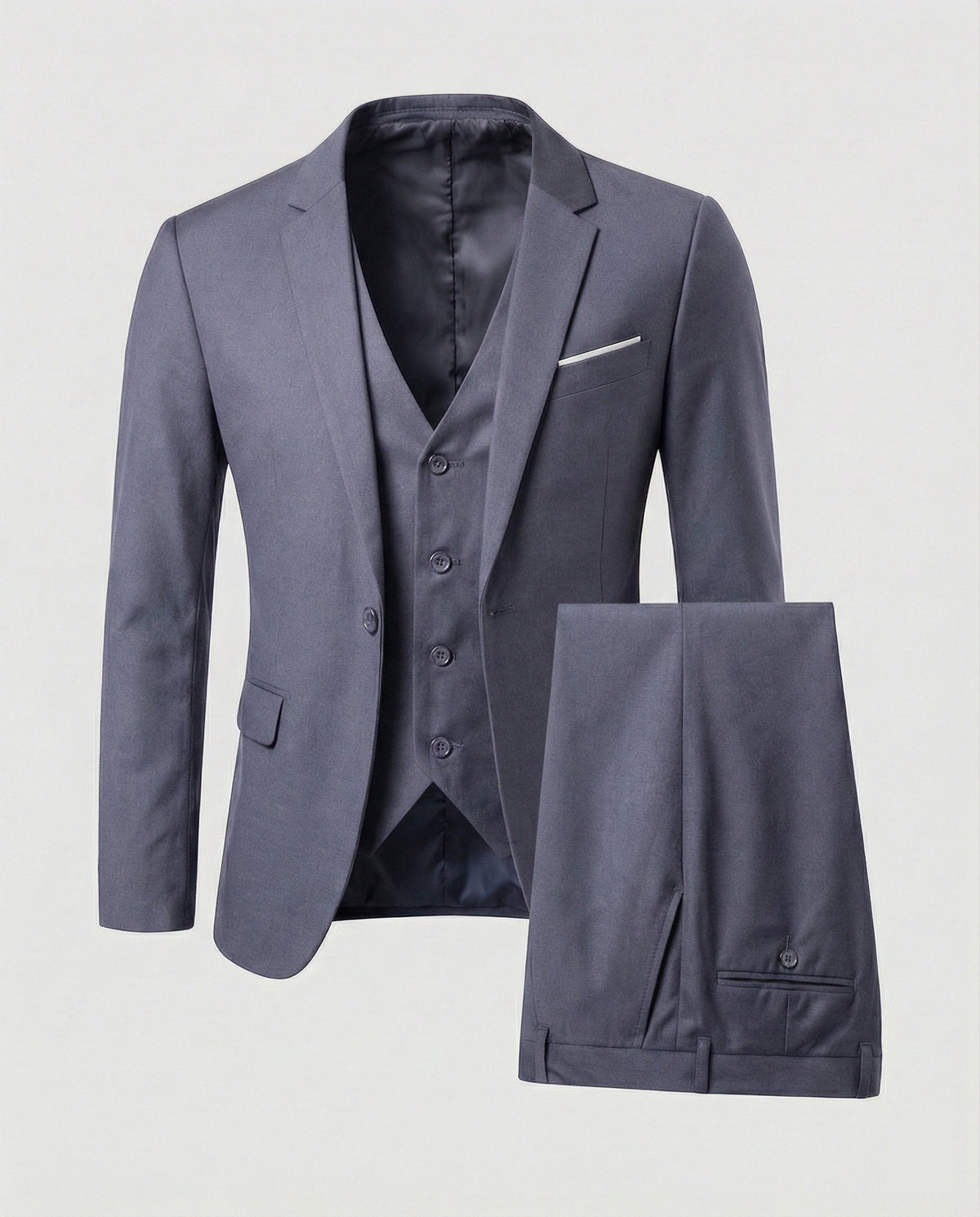 Men's three-piece suit set with notched-lapel jacket, waistcoat and trousers