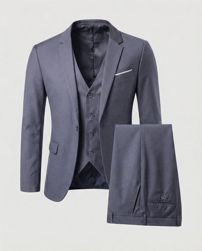 Men's three-piece suit set with notched-lapel jacket, waistcoat and trousers