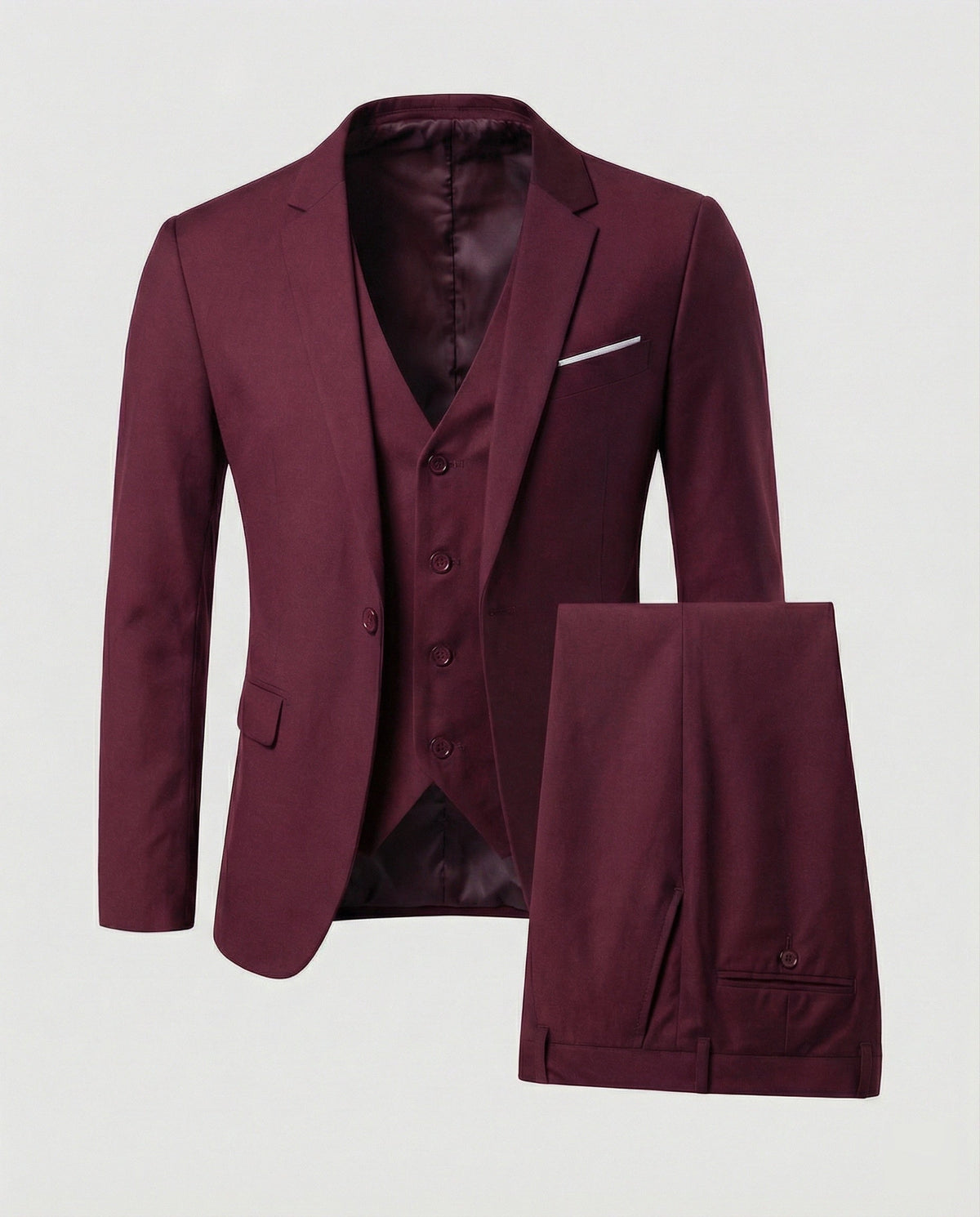 Men's three-piece suit set with notched-lapel jacket, waistcoat and trousers