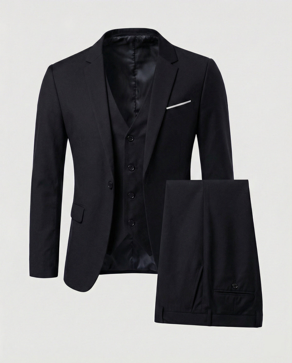 Men's three-piece suit set with notched-lapel jacket, waistcoat and trousers