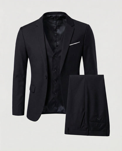 Men's three-piece suit set with notched-lapel jacket, waistcoat and trousers
