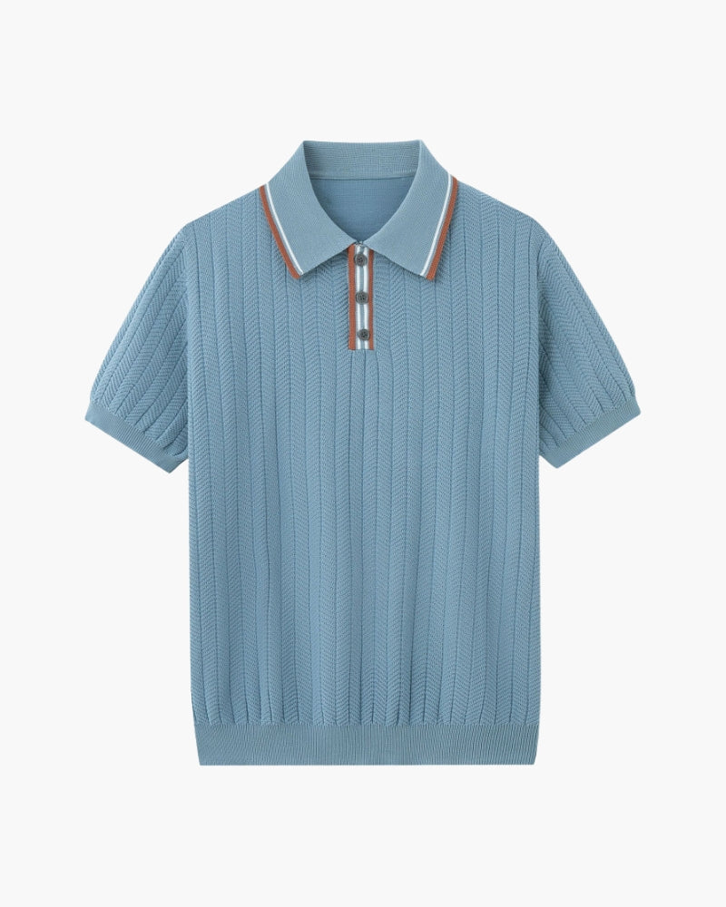 Men's ribbed knit polo shirt with short sleeves and button placket