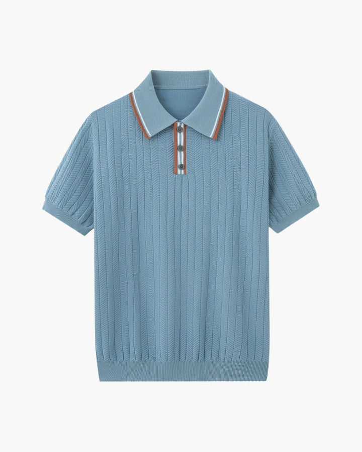 Men's ribbed knit polo shirt with short sleeves and button placket