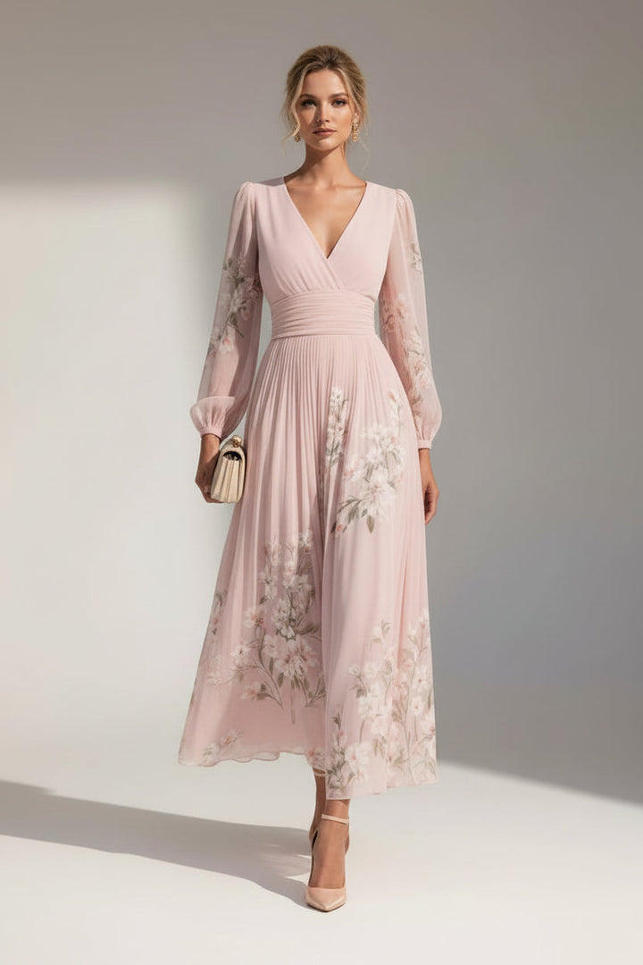 Women's Floral Midi Dress — V-Neck Defined-Waist Flowing Summer Midi Dress