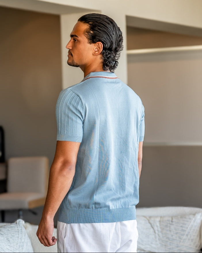 Men's ribbed knit polo shirt with short sleeves and button placket