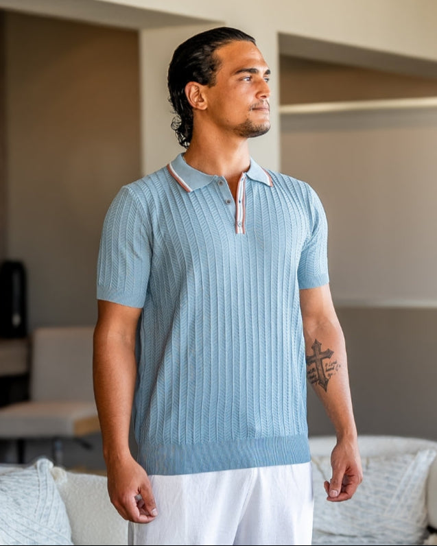 Men's ribbed knit polo shirt with short sleeves and button placket