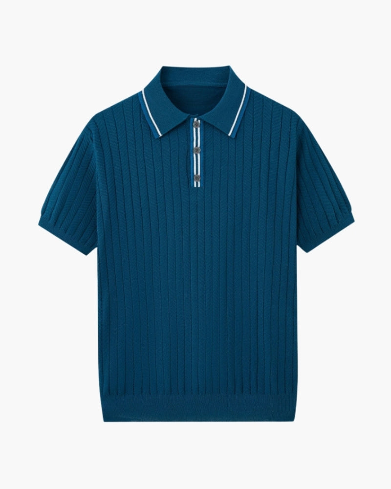 Men's ribbed knit polo shirt with short sleeves and button placket