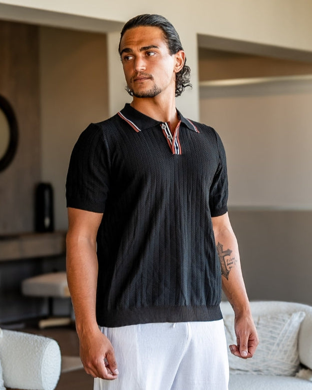 Men's ribbed knit polo shirt with short sleeves and button placket