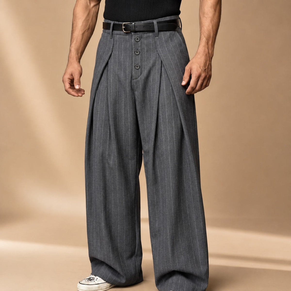 Men's wide-leg pinstripe trousers with pleated front, buttons and belt loops