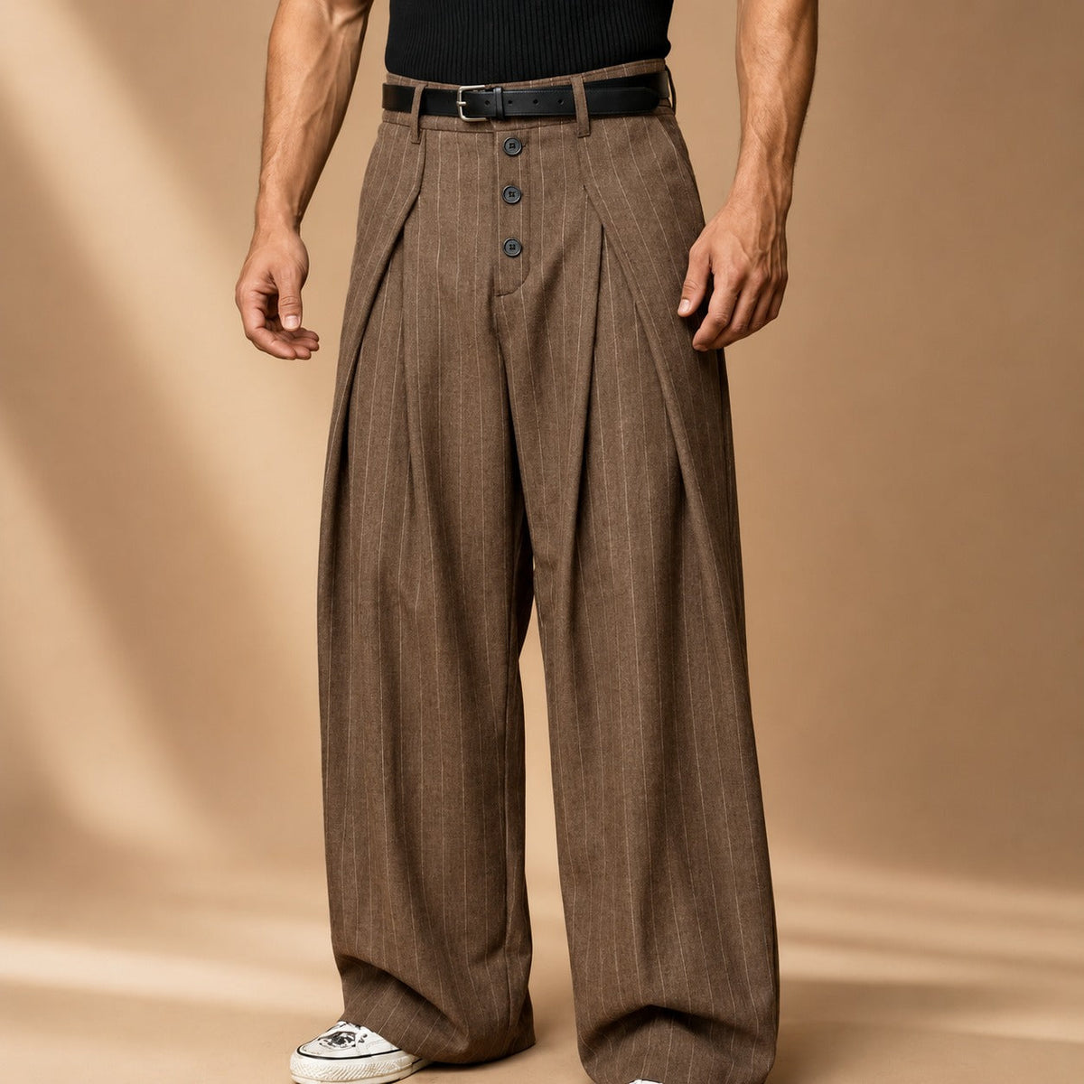 Men's wide-leg pinstripe trousers with pleated front, buttons and belt loops