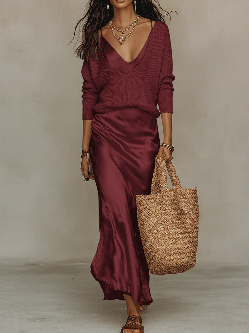 Women's V-neck dress set with sleeveless long dress and long-sleeve sweater