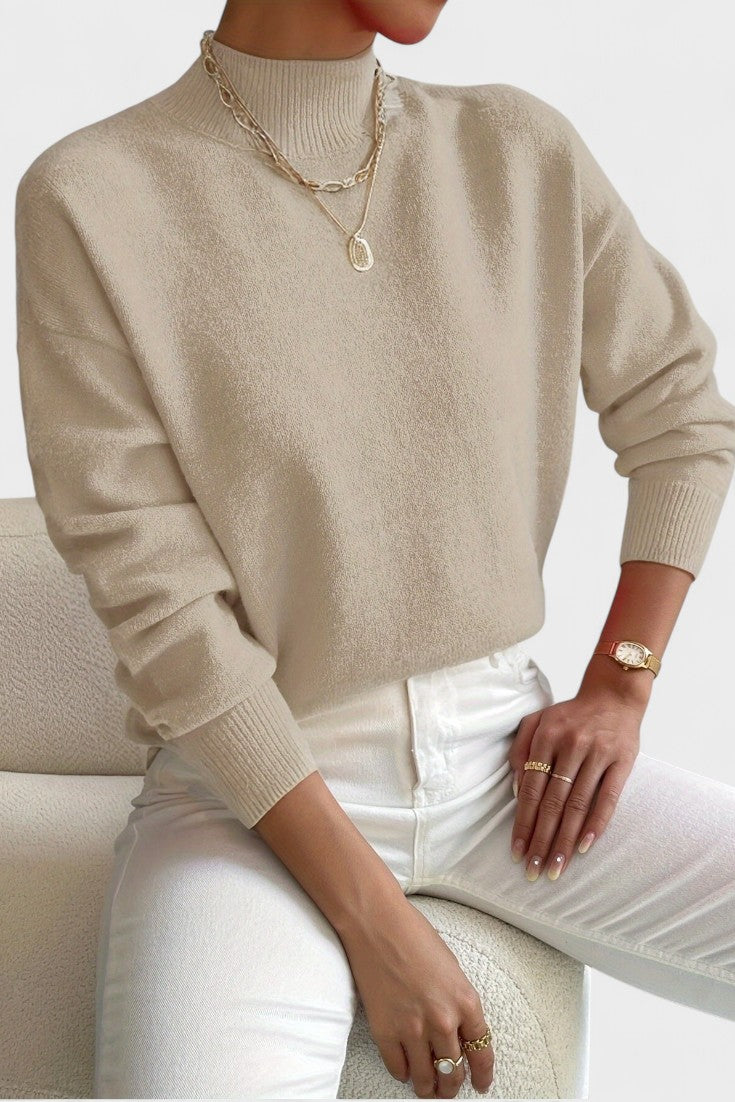 Women's long sleeve turtleneck sweater with ribbed trims