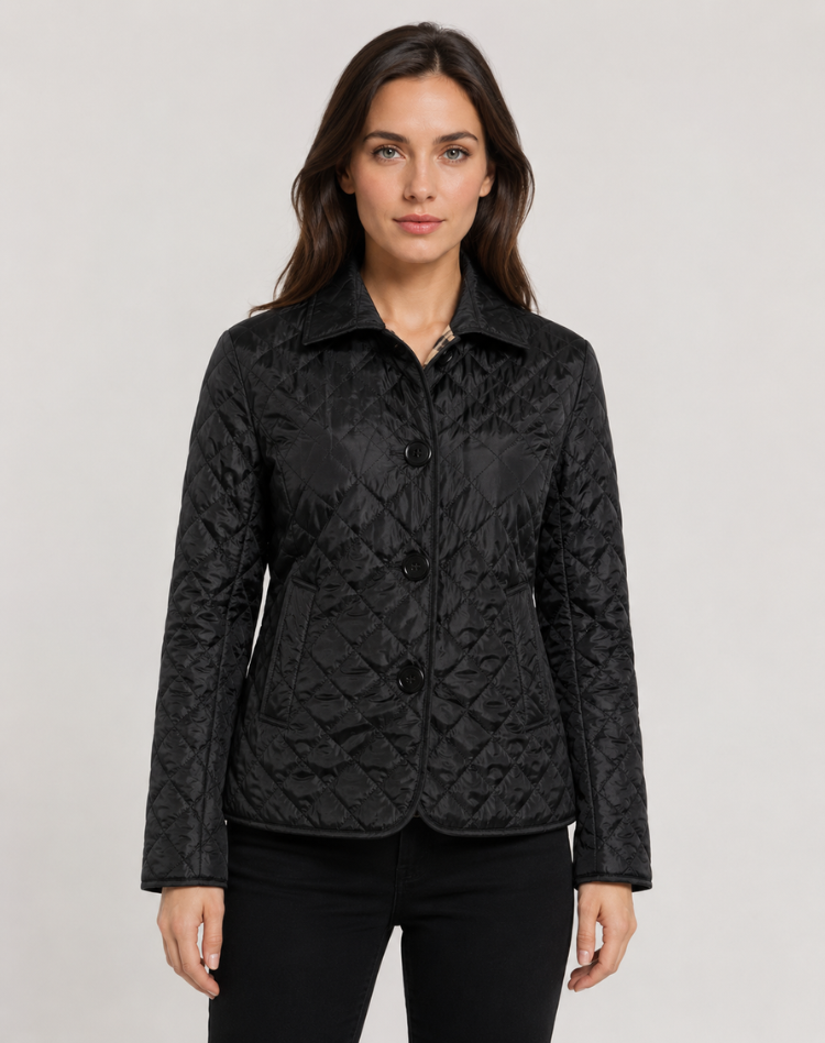 Women's diamond-quilted jacket with a collared button front and long sleeves