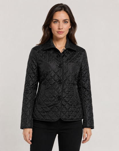 Women's diamond-quilted jacket with a collared button front and long sleeves