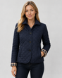 Women's diamond-quilted jacket with a collared button front and long sleeves