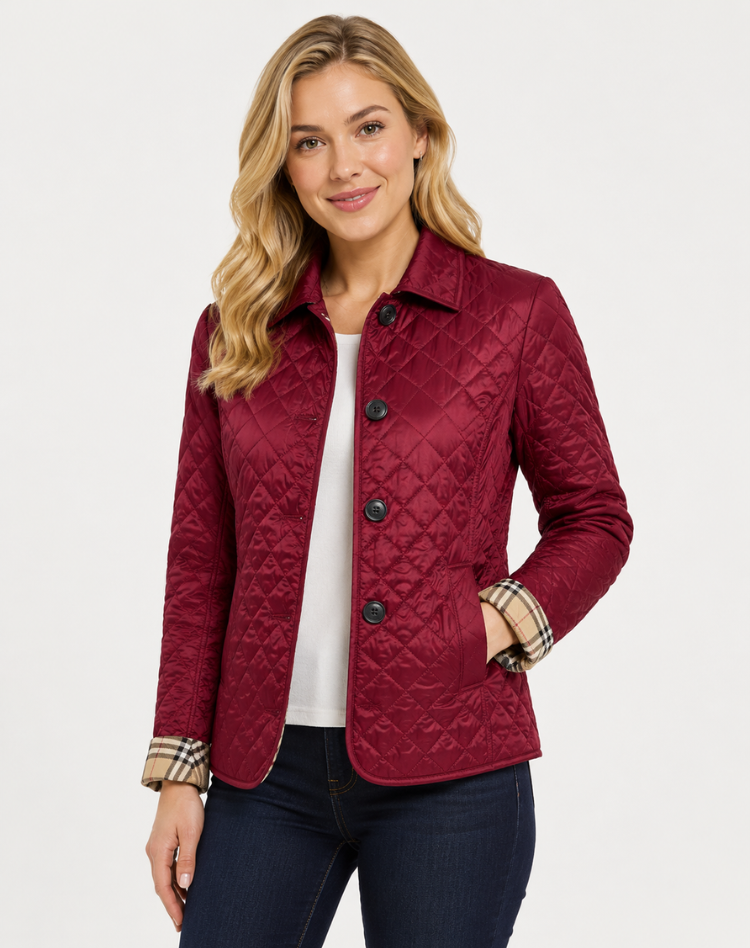 Women's diamond-quilted jacket with a collared button front and long sleeves