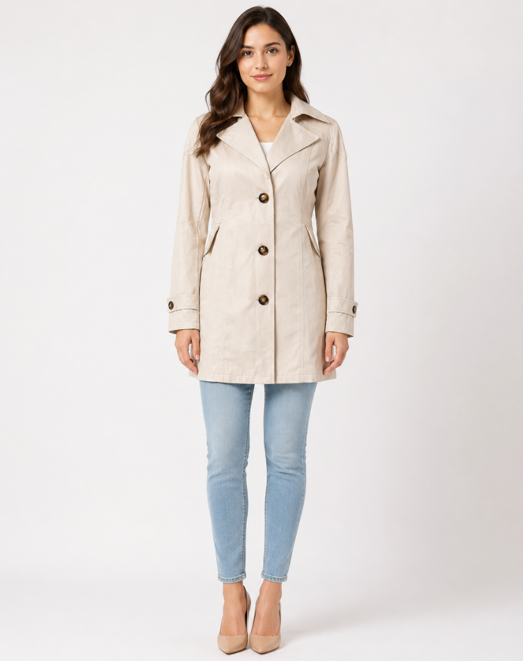 Women's short trench coat with notched lapel collar, button front and long sleeves