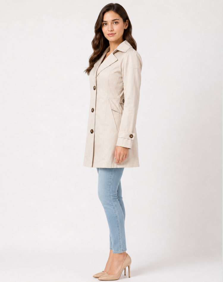 Women's short trench coat with notched lapel collar, button front and long sleeves