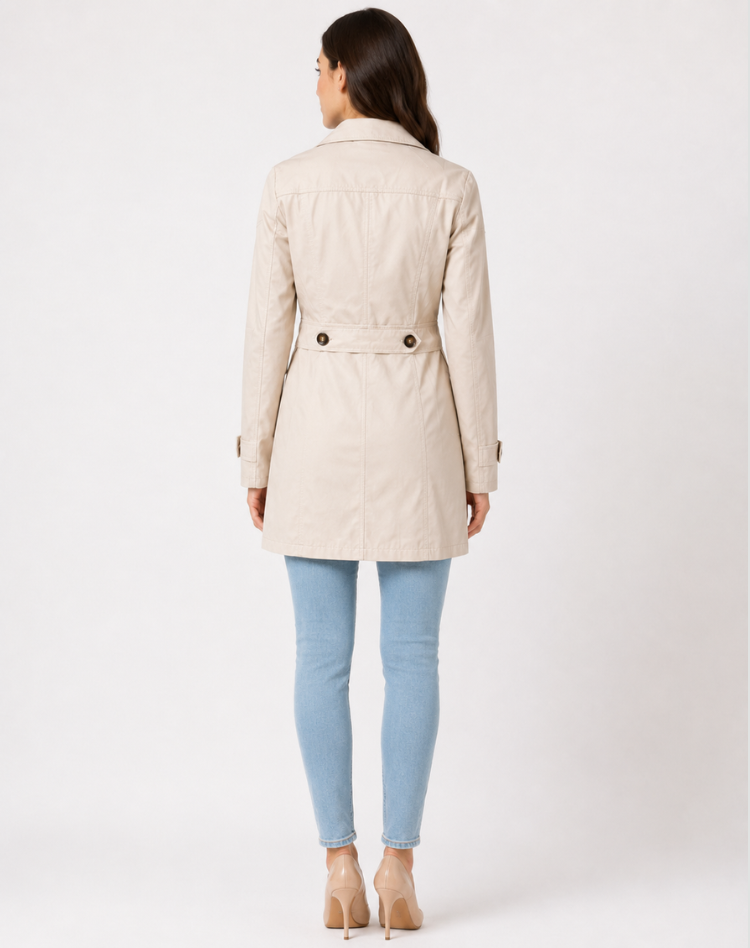 Women's short trench coat with notched lapel collar, button front and long sleeves