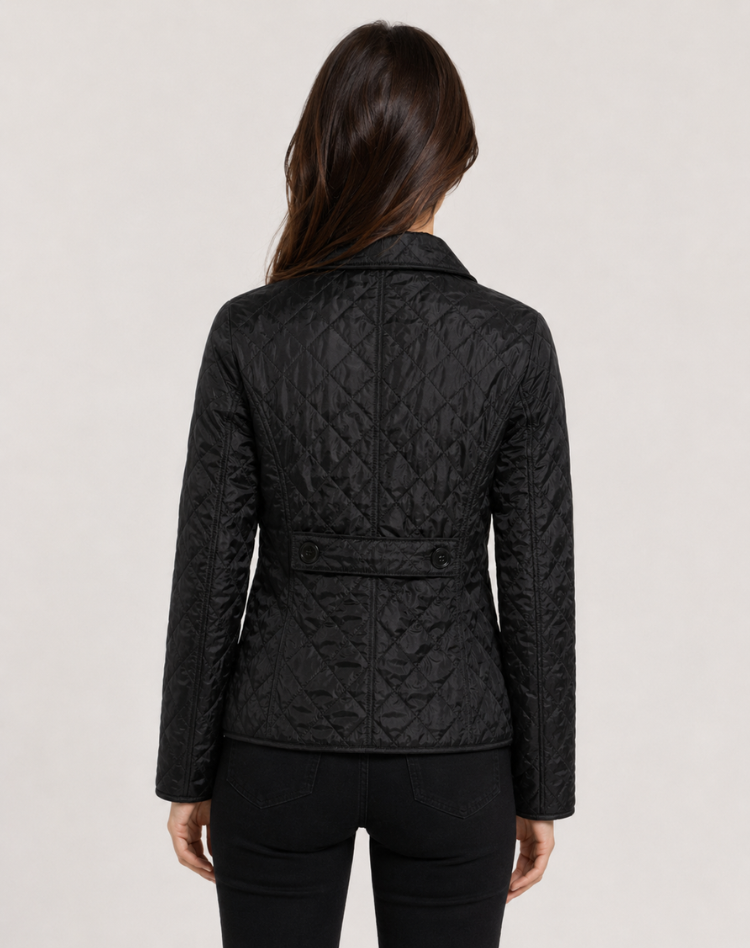Women's diamond-quilted jacket with a collared button front and long sleeves