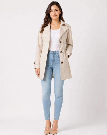Women's short trench coat with notched lapel collar, button front and long sleeves