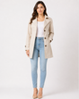 Women's short trench coat with notched lapel collar, button front and long sleeves