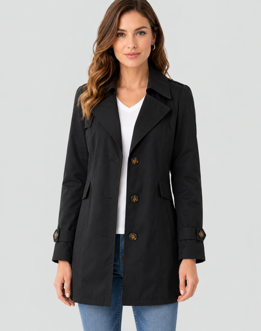 Women's short trench coat with notched lapel collar, button front and long sleeves