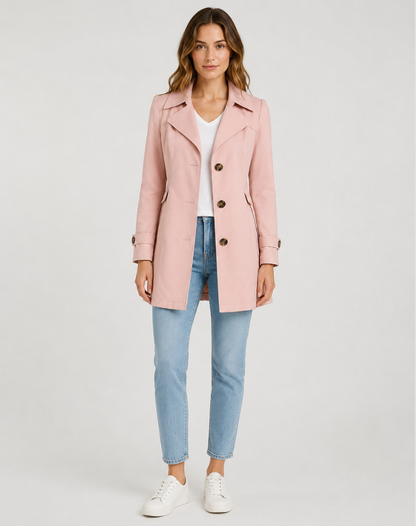 Women's short trench coat with notched lapel collar, button front and long sleeves