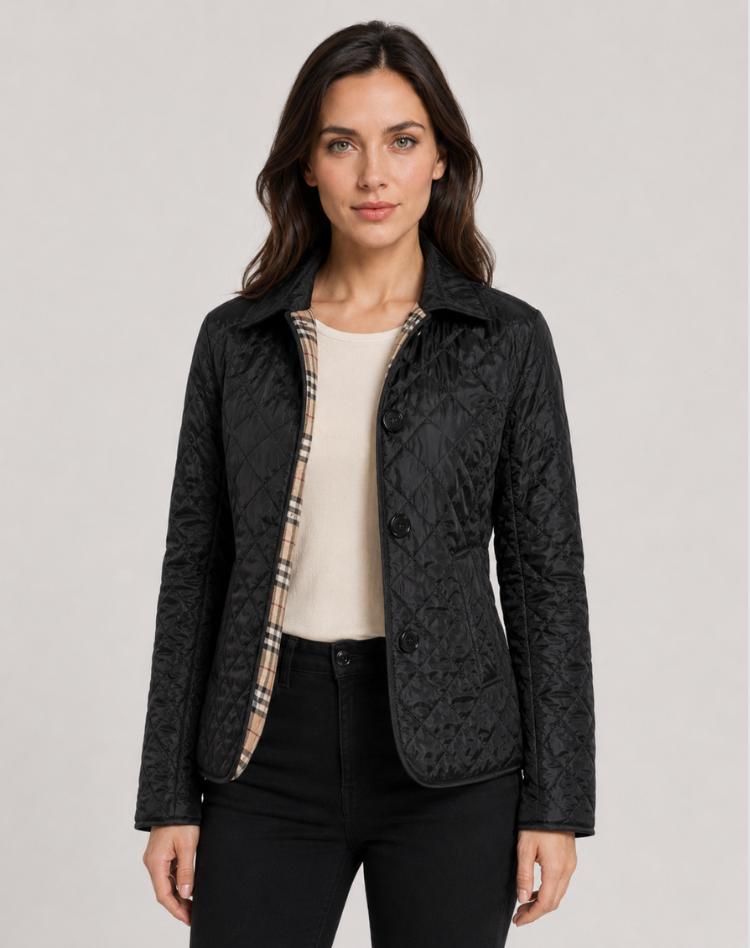 Women's diamond-quilted jacket with a collared button front and long sleeves