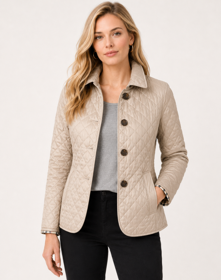 Women's diamond-quilted jacket with a collared button front and long sleeves