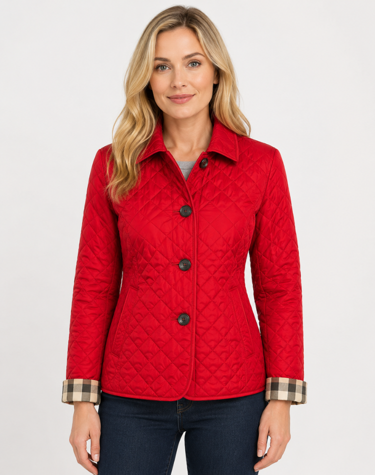 Women's diamond-quilted jacket with a collared button front and long sleeves