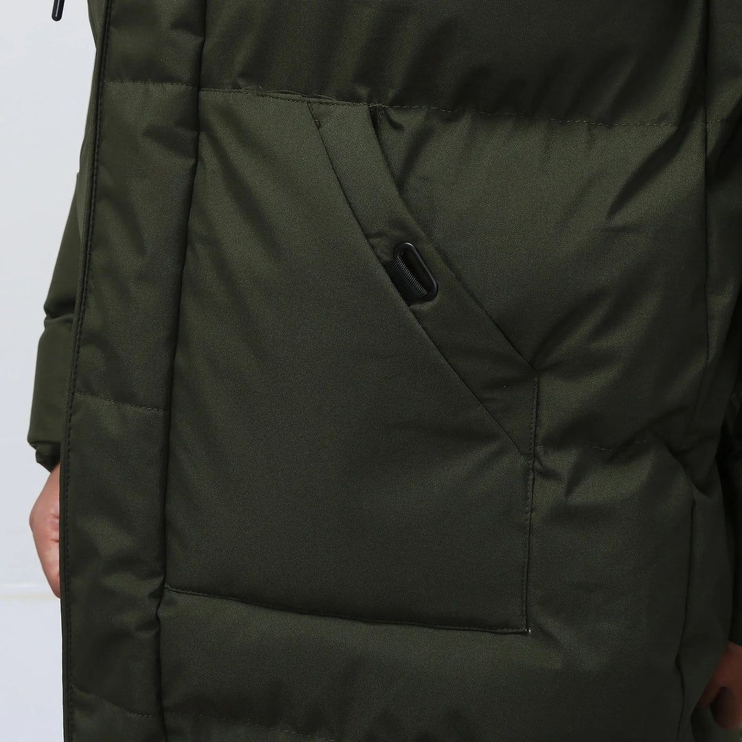 Men's long hooded puffer coat with front pockets