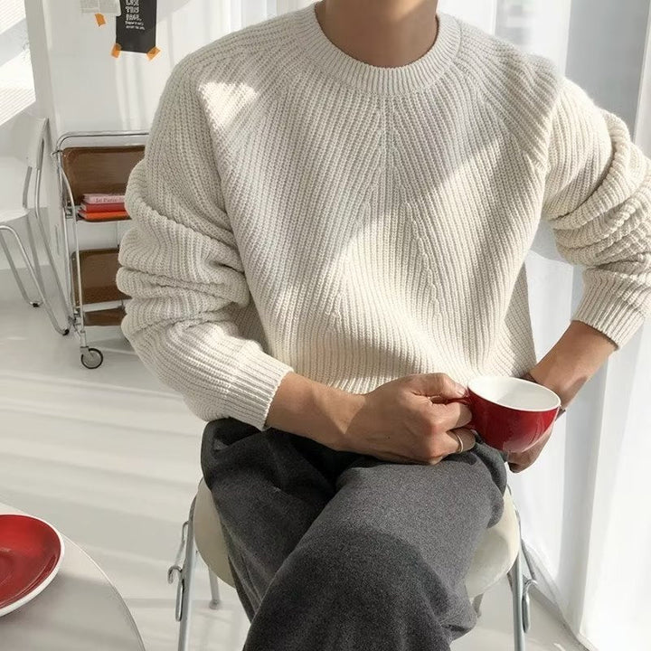 Unisex ribbed crew neck sweater in green and white, long sleeves, relaxed fit