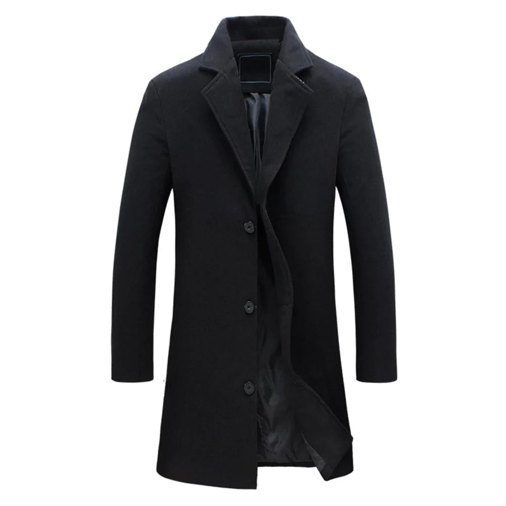 Men's knee-length button-front coat with notched lapels and long sleeves