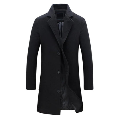 Men's knee-length button-front coat with notched lapels and long sleeves