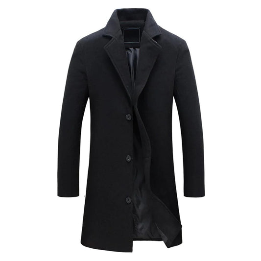 Men's knee-length button-front coat with notched lapels and long sleeves