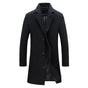 Men's knee-length button-front coat with notched lapels and long sleeves