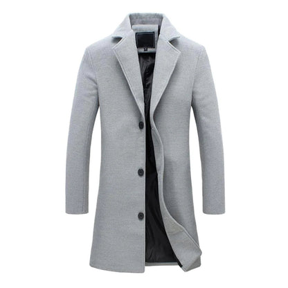 Men's knee-length button-front coat with notched lapels and long sleeves