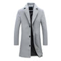 Men's knee-length button-front coat with notched lapels and long sleeves