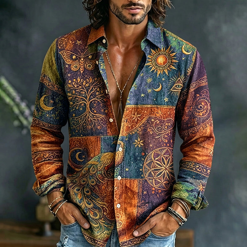 Men's long-sleeve patchwork shirt with peacock, sun, moon and paisley print