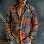Men's long-sleeve patchwork shirt with peacock, sun, moon and paisley print