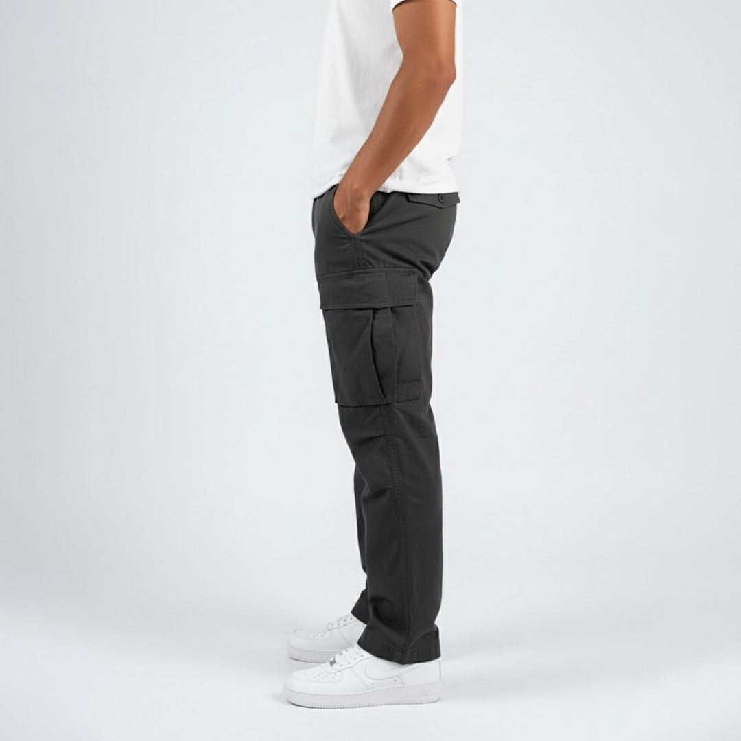 Men's black relaxed fit cargo pants with multiple pockets and straight leg